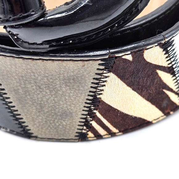 VINTAGE Lake Short Drive Patchwork Animal Print Genuine Leather Belt Small S - Picture 2 of 7